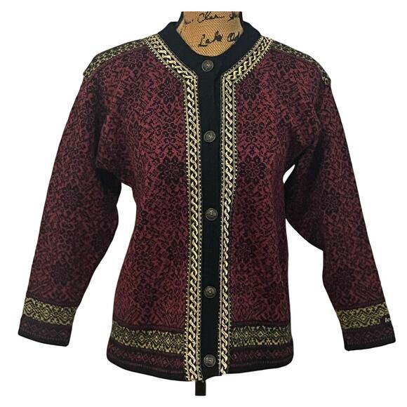 Icewear Sweaters - Icewear Iceland Maroon Wool Metallic Gold Cardigan Button Sweater Women’s S